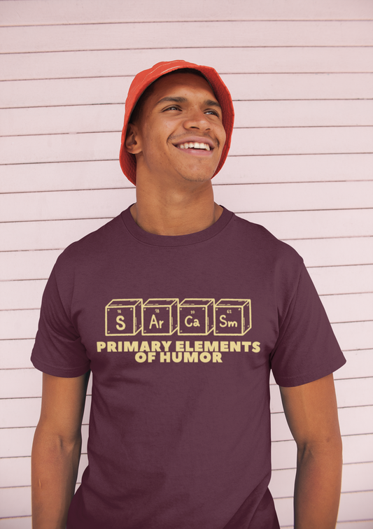 Maroon Printed T-shirt featuring Sarcasm in the Periodic Table.