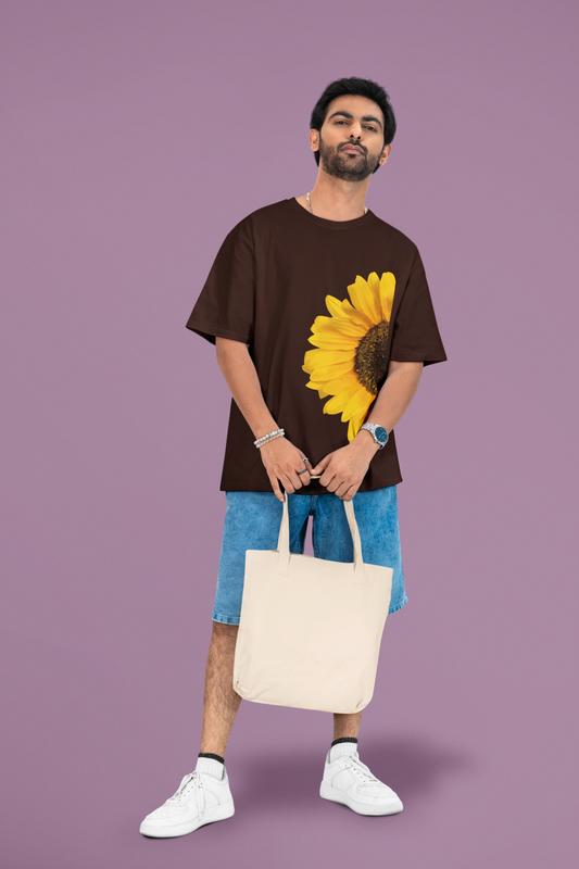 Brown Oversized Sunflower printed T-Shirt